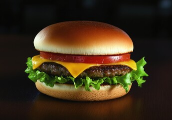 Classic cheeseburger.  A perfectly crafted cheeseburger, featuring a juicy patty, melted cheese, fresh tomato slices, and crisp lettuce, all nestled within a toasted bun.  The image highlights 