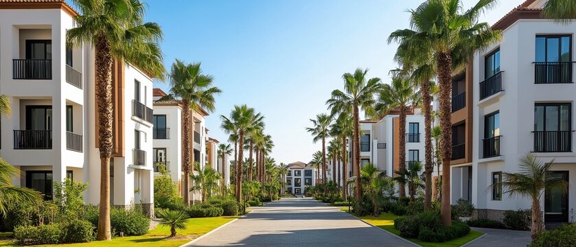 In the middle, behind the traditional native palm trees, are modern residential block buildings.
