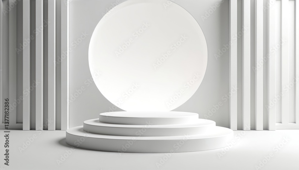 Leinwandbilder minimalist 3d render product display platform. geometric forms with round podiums, white background.