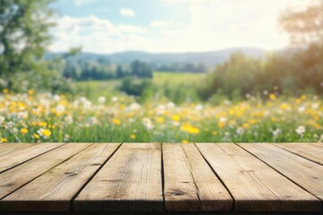 Wooden table outdoors in a flower field