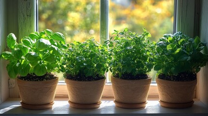 Tranquil indoor herb garden on sunny kitchen windowsill with basil, mint, and rosemary in terracotta pots