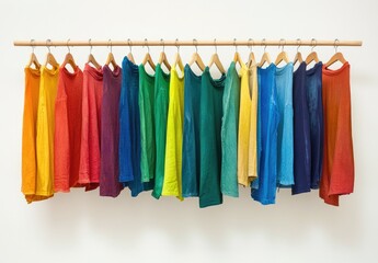 Colorful T-shirts on a Wooden Hanger Row