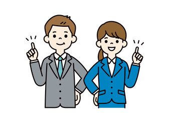 指さしで解説する、若い男女の会社員のベクターイラスト素材＿＿線の編集可能＿カラー