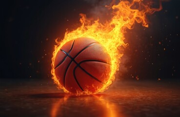Fototapeta premium Basketball on fire. Sport ball with CGI flaming effects. Orange flames burning, intense heat. Dark, black background. Dynamic, powerful energy. Represents competition, victory, passion.