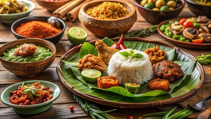 Delicious Indonesian Nasi Uduk Breakfast Feast with Diverse Side Dishes - Tilt-Shift Photography