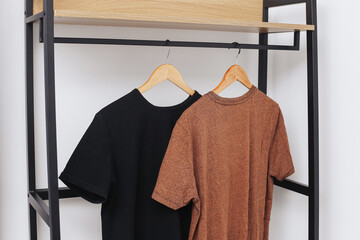 Two basic t-shirts hanging. Wooden hangers on black rack. Minimal clothing organization. Simple...