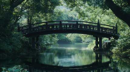 Serene wooden arched bridge over tranquil water in lush green forest.