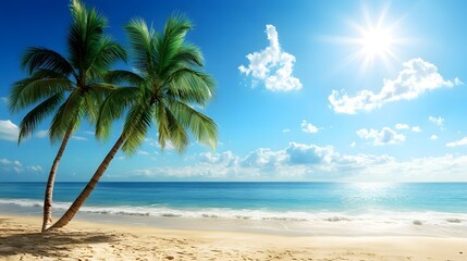 Fototapeta premium Picturesque beach with a single palm tree standing tall against a backdrop of clear blue waters and soft white sand 