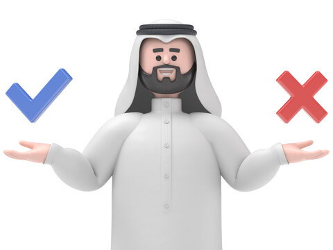 3D illustration of smiling Arab man Hadi standing confusedly to choose yes or no.Transparent Background Mockup.Supports PNG files with transparent backgrounds.
