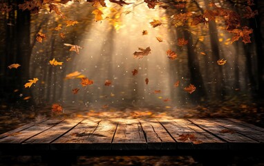 Autumnal forest scene with wooden platform. Sunlight streams through falling leaves