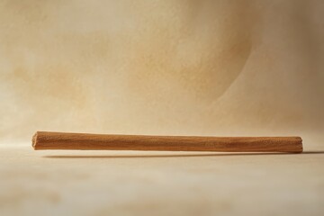 A single cinnamon stick rests horizontally upon a neutral background