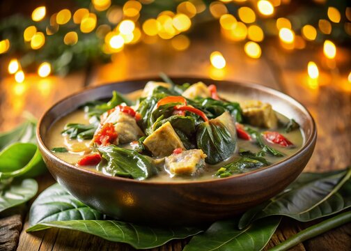 Delicious Spicy Laing: Filipino Taro Leaves in Coconut Milk with Meat & Seafood