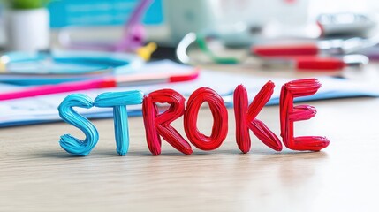 Colorful letter arrangement spelling 'STROKE' on a medical workspace, highlighting health awareness.