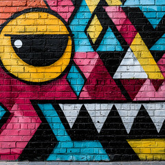 Colorful Geometric Graffiti Mural on Brick Wall