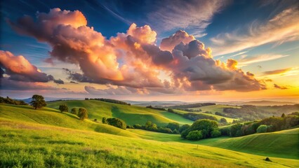 Fototapeta premium Serene Sunset Over Rolling Green Hills and Dramatic Cloudscape