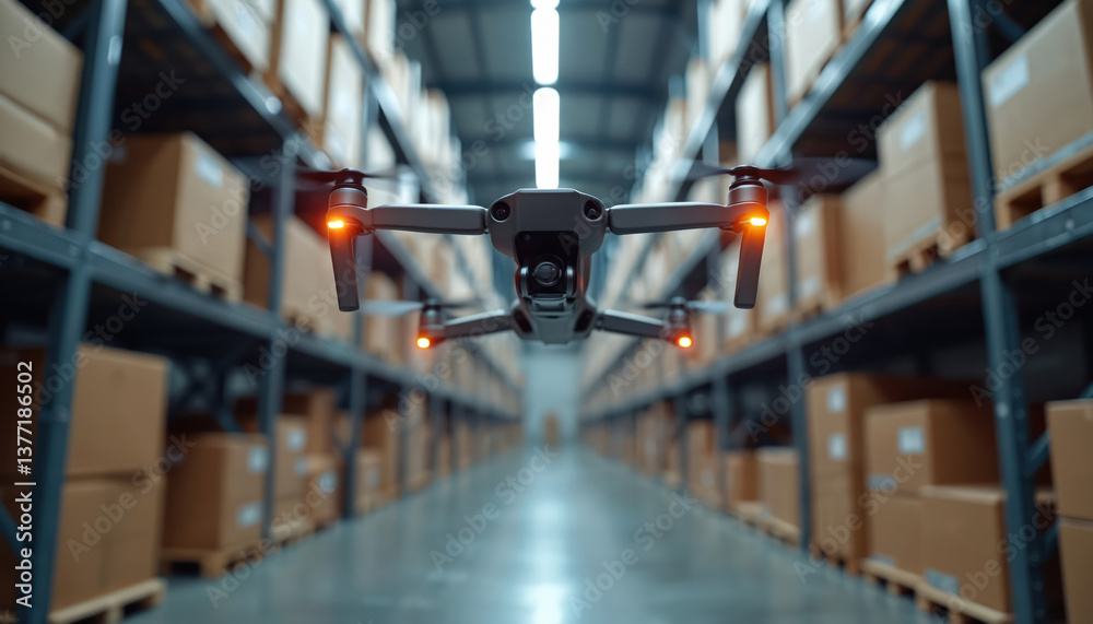 Aufkleber Drone delivers packages in modern warehouse. Robotic logistics with automated system. Boxes on shelving units represent innovative shipping, transport, e-business. Technology, automation improve