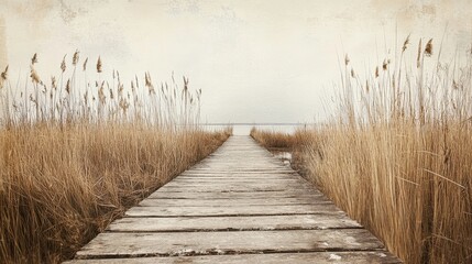 Obraz premium Rustic wooden boardwalk through tranquil marshland with tall reeds and overcast sky
