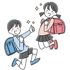 ランドセルを元気よく背負う小学生の男女のイラスト