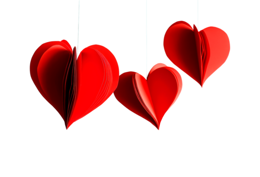 Colorful paper hearts hanging isolated on transparent background