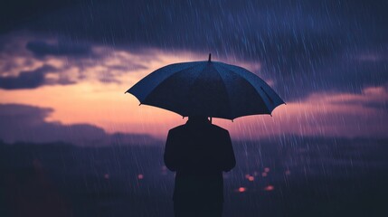 Man, rain, sunset, city, umbrella, resilience
