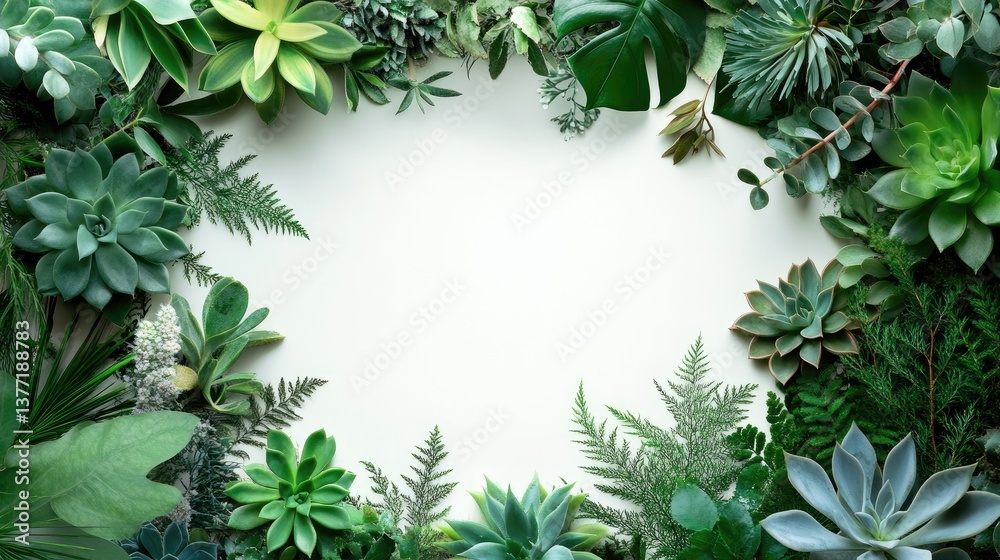 Poster a botanical frame made of various green leaves and succulent plants, creating a nature-inspired bord