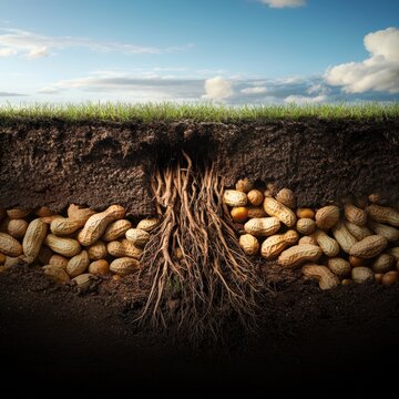 Unique soil view featuring pile of peanuts and tree roots with some peanut plants growing under the surface