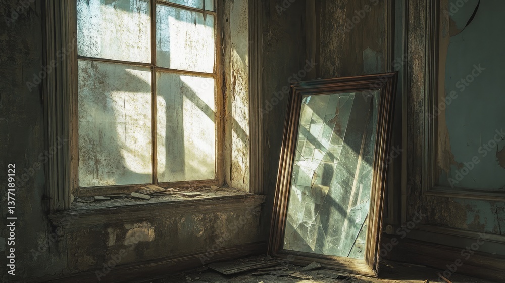 Poster A broken mirror in an abandoned room, with sunlight filtering through a dusty window, creating a haunting, yet beautiful scene of decay.