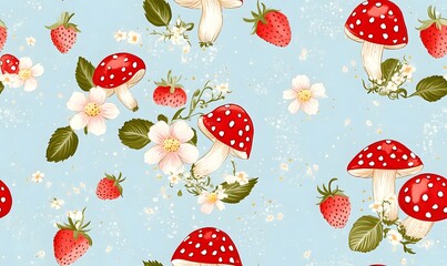 Sky blue vintage pattern with red toadstools and flowers. Generative AI