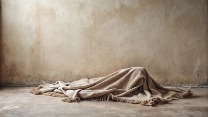 A Beige Throw Blanket Draped on a Weathered Floor Against a Textured Wall