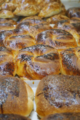 Freshly baked bread rolls are displayed on a baking tray
