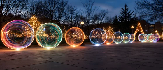 Colorful Illuminated Spheres at Night Outdoor Holiday Display © Dino