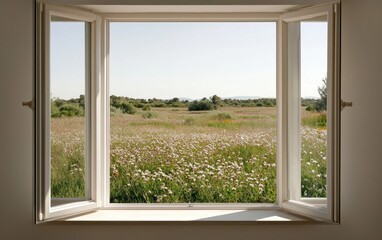 Fototapeta premium A bright, sunny view through a white window frame. A field of white and green flowers stretches across the landscape, bathed in natural light. The image evokes a feeling of serenity and peace