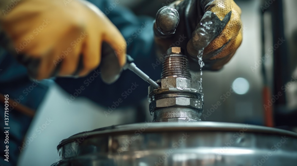 Poster a close-up of a technician using a tool to detect a water leak in an old, broken heater, highlightin