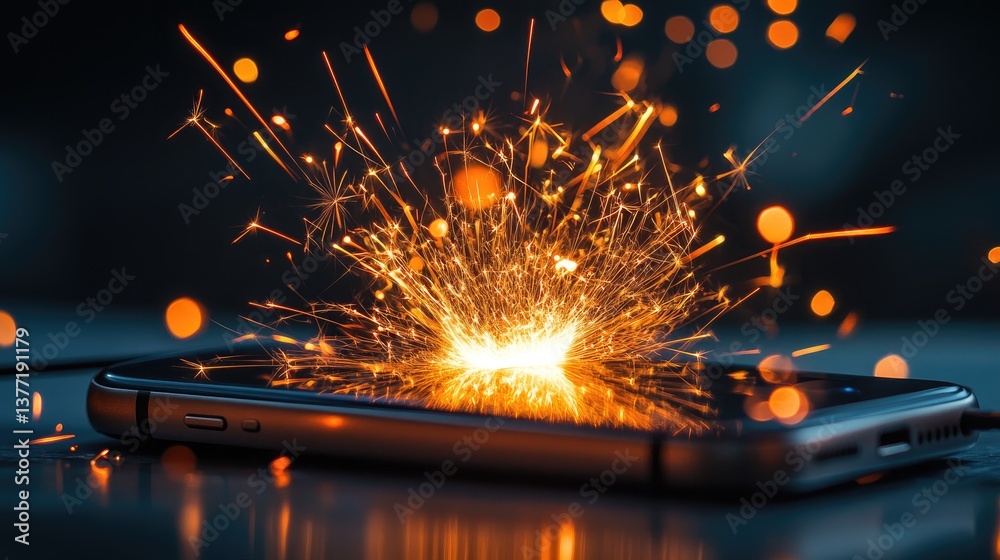Poster a close-up of sparks flying from an overheated phone charger, igniting a fire in a dramatic display 