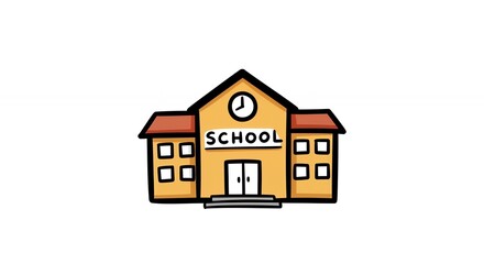 School Building Illustration with Clock and Windows on White Background