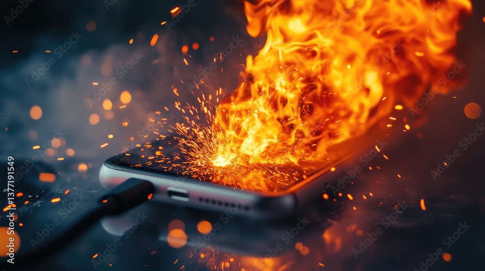 Poster a close-up view of a phone charger sparking and catching fire, showing the danger of overheating wit