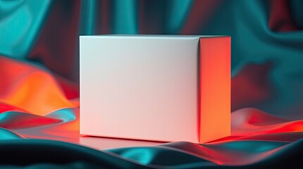 White cube sitting on smooth iridescent fabric with vibrant light