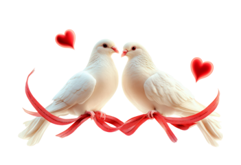 Two white doves kiss on a red ribbon while surrounded by hearts isolated on transparent background