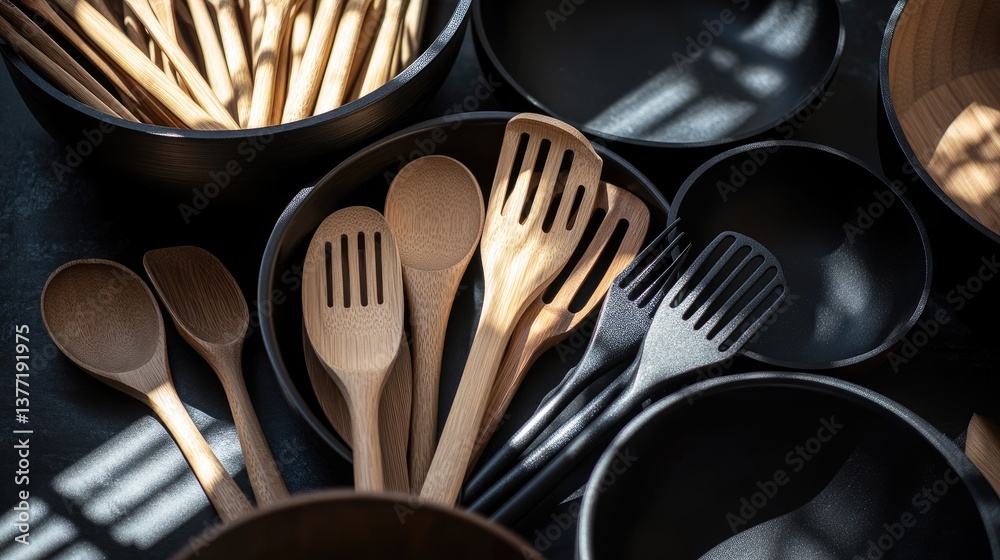 Poster a collection of wooden and black kitchen utensils arranged in black bowls, with soft light casting g