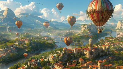 Fototapeta premium Majestic Hot Air Balloons Soaring Over Picturesque European Town Landscape