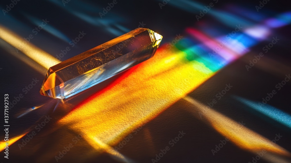 Poster a crystal prism casting vibrant rainbow hues on a surface, creating a beautiful display of light, sh