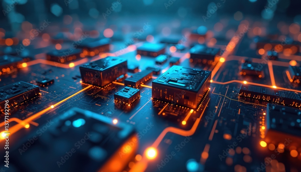 Aufkleber Abstract tech background with glowing circuitry patterns. Futuristic conceptual design for modern innovations connectivity. Digital circuits, electronic components, data transmission, ai technology,