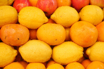 Bright yellow lemons and oranges stacked at a market display