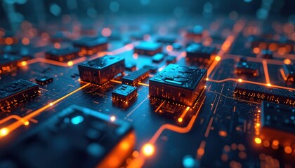 Abstract tech background with glowing circuitry patterns. Futuristic conceptual design for modern innovations connectivity. Digital circuits, electronic components, data transmission, ai technology,