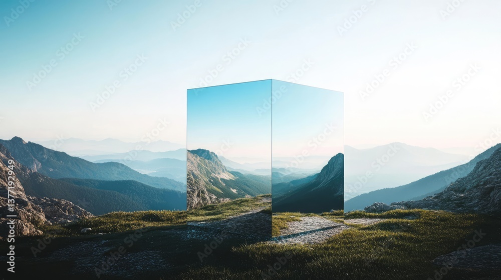 Poster A cube reflecting a scenic view of mountains and a clear sky, creating a fascinating and surreal visual that merges nature and abstraction.