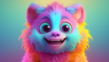 A vibrant, colorful cartoon dog with large eyes and a cheerful expression against a gradient background