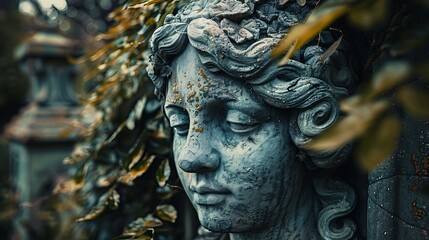 Weathered Stone Angel Head Statue in a Cemetery Garden Close up detail of antique sculpture