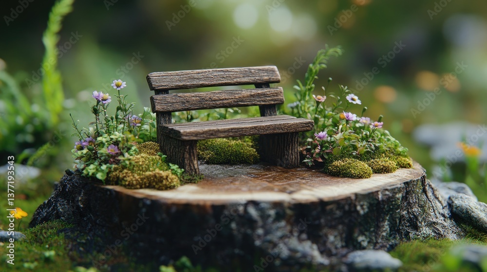 Poster a detailed illustration of a miniature rustic park bench on a tree trunk slice, surrounded by tiny w