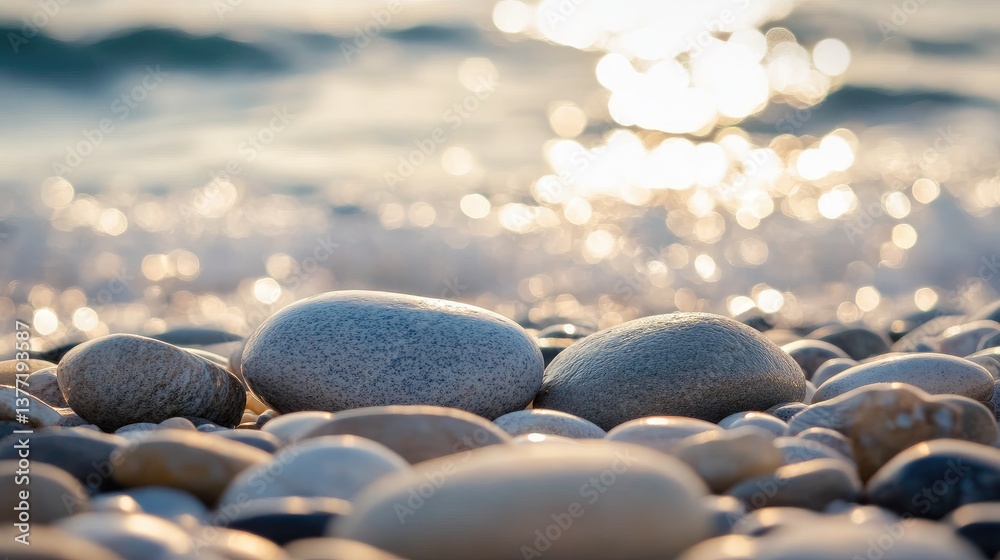 Poster a detailed view of smooth stones on a pebbly beach, with sparkling water gently flowing in the backg