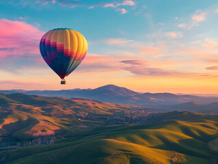 Fototapeta premium Hot Air Balloon over Landscape – A Vibrant Hot Air Balloon Floating Above Scenic Views